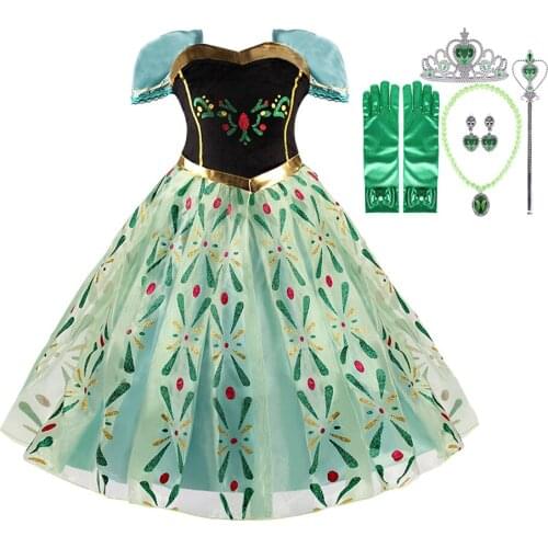 3 4 5 6 8 10T Kids Anna Dress Baby Girls Princess Dress Anna Short Sleeve Green Costume Kids Girl Birthday Party Christmas Dress