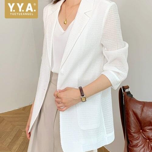White Vintage Suits Jackets Womens Summer New Office Lady Elegant Single Breasted Pockets Notched Solid Fashion Casual Coat