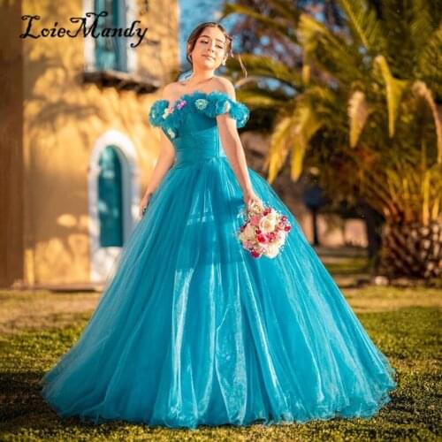 Puffy Ball Gown Quinceanera Dresses Long 2022 Charming Turquoise Tulle Sweet 16 Dress With Flowers Formal Vestido de 15 anos