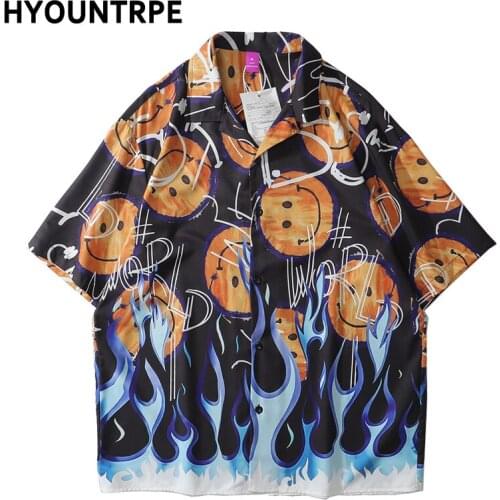 Mens HarajukuSmile Face Fire Printed Shirts Casual Button Up Retro Shirt Hip Hop Loose Harajuku Streetwear Hawaiian Beach Shirt