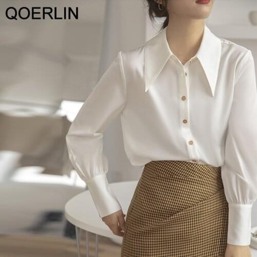 QOERLIN OL Stylish Satin White Shirt Elegant Formal Blouse Luxury Women Shirt Plus Size Full Sleeve Buttons Cuff Office Tops
