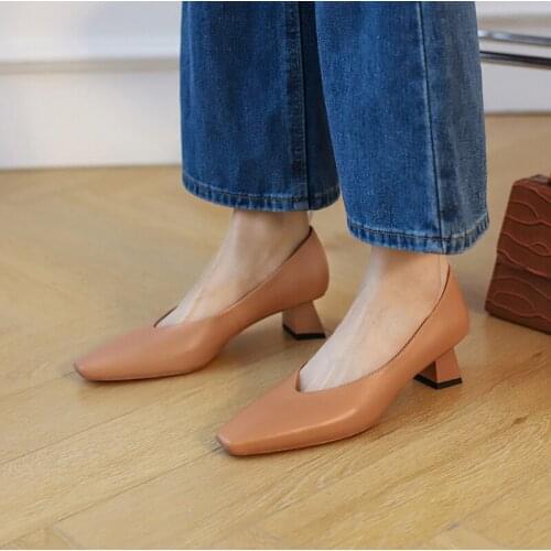 Osunlina Brand Pumps Office Lady Square Toe Slip On Pumps Handmade Genuine Leather High Square Heel Quality Shallow Shoes Woman