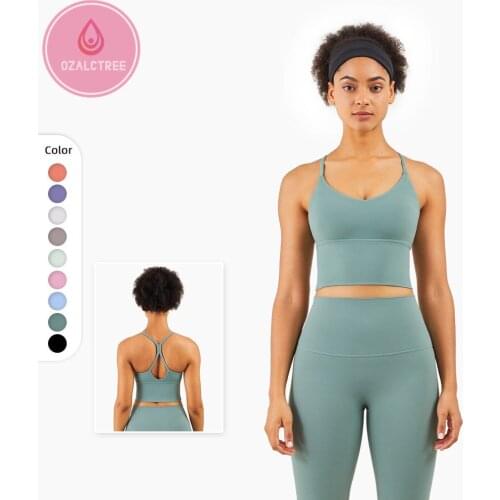 OzalCtree Naked Feel V Neck Longline Gym Sports Bra Fitness Crop Top Yoga Tank with Built in Bra