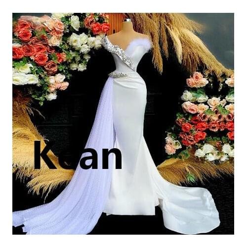 Off the Shoulder Mermaid Feathers Evening Dresses Special Occasion Dress Islamic Dubai Kaftan Saudi Arabic Prom Dress