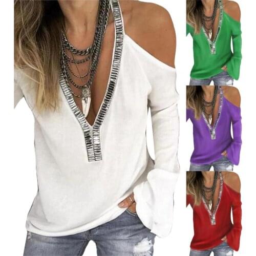 Womens t-shirt Sexy Sequins Cold Shoulder V Neck Long Sleeve Pullover Shirt Ladies Solid Top Shirts Plus Size майка женская