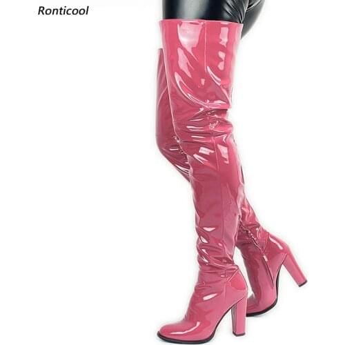 Ronticool Handmade Women Winter Thigh Boots Shiny Side Zipper Block Heel Round Toe 13 Colors Party Shoes Women Us Size 5-20