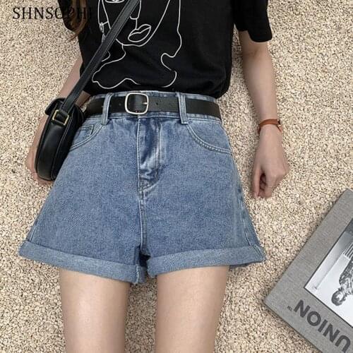 SHNSOPH Summer Women Wide Leg Denim Shorts With Belt Casual Female High Waist Solid Color Loose Fit Blue/ Black Jeans Shorts