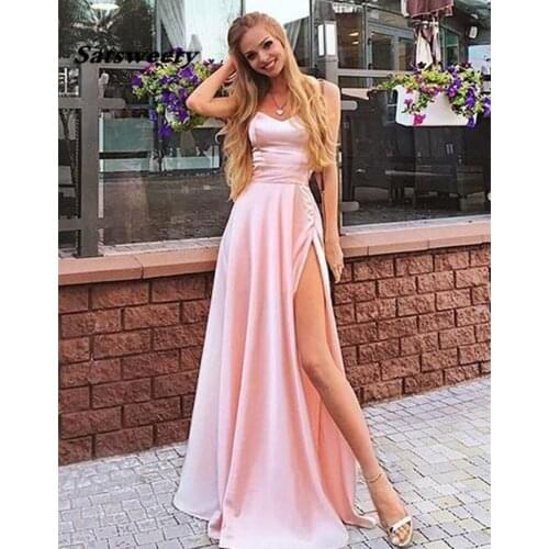 Vestido De Festa Longo Elegant Evening Dress Long 2020 Satin Side Slit Formal Party Gowns Spaghetti Straps Robe De Soiree