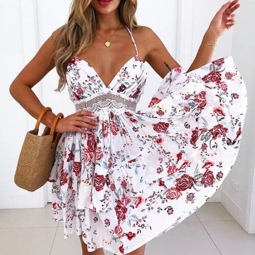 2021 Elegant Casual Summer Woman Spaghetti Strap Dress Floral Print A-LINE Lace Hollow Out Backless Holiday Sexy Party Dress