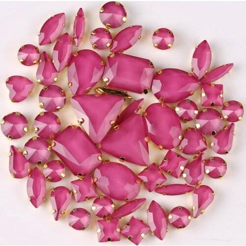 Gold claw settings 50pcs/bag shapes mix jelly candy Incarnadine pink glass crystal sew on rhinestone wedding dress shoes bag diy
