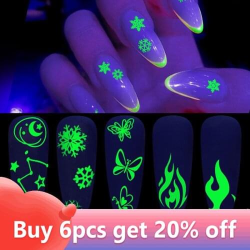 1 Sheet Luminous Transfer Sticker Butterfly Snowflake Flame Pattern Nail Art 3D Night Glow Decals for Party Nail Decoration