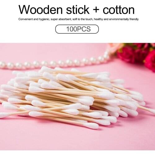 100pcs/set Double Head Cotton Stick +Treatment Cotton Wood Stick Swab Disposable Cotton Swab Ear Cleaning First Aid Kit