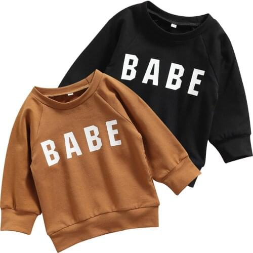 2021 Kids Baby Girls Boys Casual Pullover, Letters Printed Pattern Long Sleeve Round Collar Tops, Khaki/ Black 0-3T
