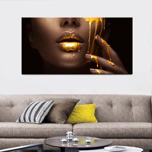 Abstract Woman Face Canvas Art Posters And Prints Golden Sexy Lips Canvas Paintings On the Wall Art Picture For Living Room