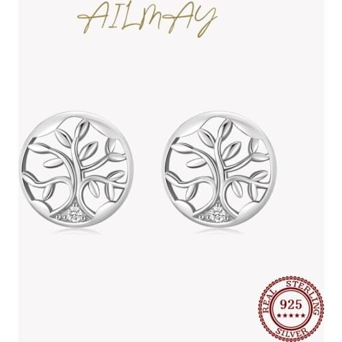 Ailmay Simple Vintage Tree Leaves Earrings Genuine 925 Sterling Silver Tree of Life Stud Earrings for Women fine Jewelry Gift