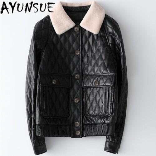 AYUNSUE Real Sheep Fur Collar Womens Winter Sheepskin Coat Female Jacket Women Thick Natural Genuine Leather Jackets Coats 9117