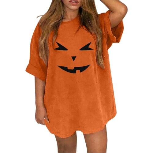 Womens Halloween Printing T-shirt Tops Summer Harajuku Loose Round Neck Short Sleeved Long T-shirt Футболки С Коротким Рукавом