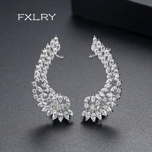 FXLRY Luxury White color Micro-inlay Cubic Zircon Shining Crystal Big Angel Wings Drop Earrings for Women Wedding Party Jewelry