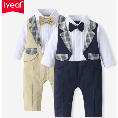 IYEAL Baby Clothes Boy Rompers Newborn Clothes Fake Two Pieces Bow Tie Gentleman Rompers Infant Clothes Baby Jumpsuits 3M~24M