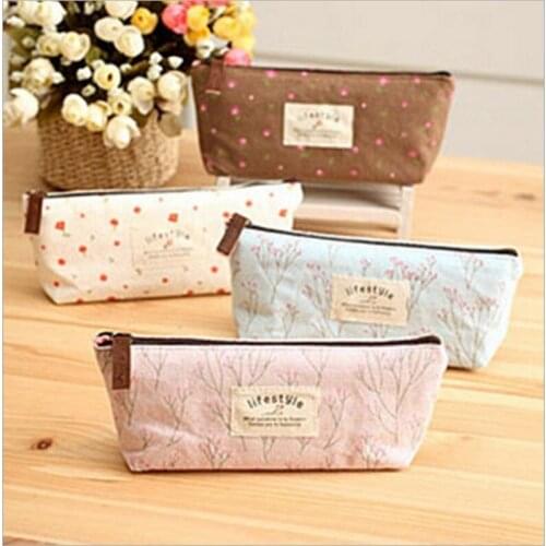 Korean Floral Pencil Bag Kawaii Canvas Pen Pouch 3 PCS/Lot Square Stationery Zipper Bag