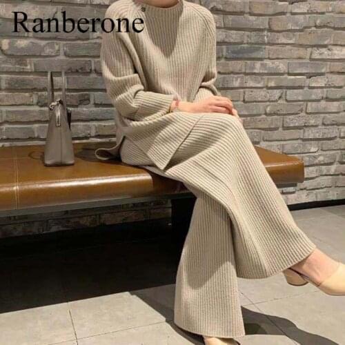 Ranberone Fashion Tracksuit Wives Pullover Sweater + Wide Leg Pants Suit Casual Solid Color Loose Sportswear Warm Fitness Suits