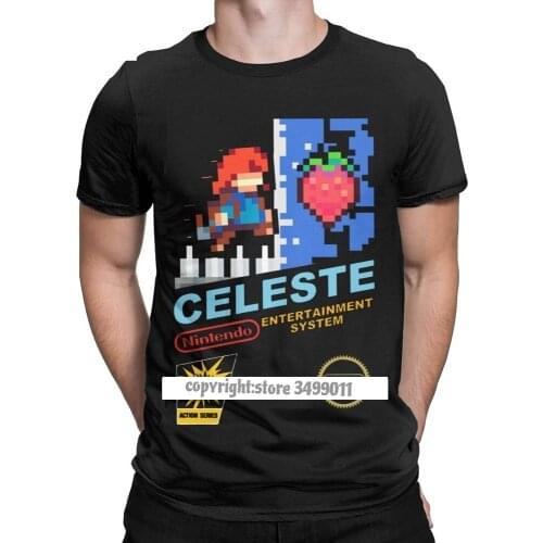 Celeste NES Cover Tee Shirts Men Madeline Pixel Video Game Strawberry Vintage Cotton Tee Shirt Crew Neck Tshirts Gift Tops