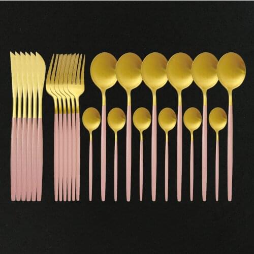 24Pcs Dinnerware Set Pink Gold Knife Fork Spoon 18/10 Stainless Steel Cutlery Silverware Set Kitchen Party Dinner Tableware Set