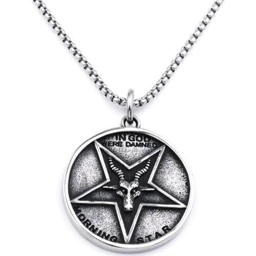 New Fashion Jesus Satan Necklace Round Star Baphomet Jesus Cross Steel Pendant Satanic Gothic Necklace Vintage Men Jewelry Gift