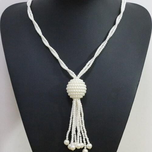 New Noble White 3mm Shell Simulated-pearl Beads Necklace Round Ball Tassel Pendant Diy Gifts for Women Bohemia Jewelry B1429