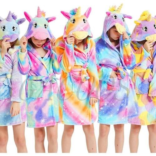 Girl Sleepwear Warm Winter Flannel Robe Baby Bath Toddlers Hooded Unicorn Pajamas Autumn Babys Children Bathrobe Kids Costume