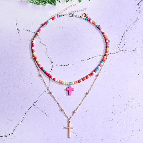 2Pcs/Lot Double Mix and Match Layers Cross Paragraph Shell Style Pendant Necklace Set For Women Colorful Bead Chains Jewelry New