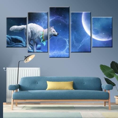 Moonlight Night Wolf Animal Poster Canvas Painting 5 Panel HD Print Home Decoration Wall Art Living Room Bedroom