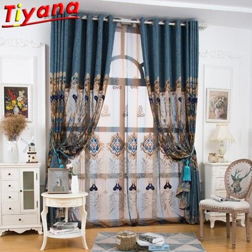 Luxury European Geometric Embroidery Curtains for Living Room Semi Blackout Hollow Blue Chenille Curtains for Bedroom Villa #VT