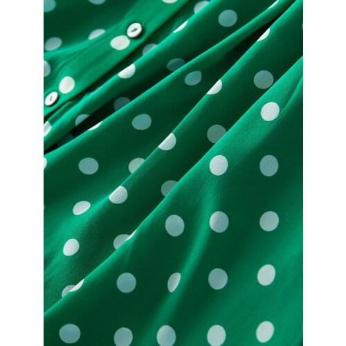 Silk Summer Women Real Polka Dot Elegant Green Boho Shirt Dress Korean Vestidos De Fiesta 2020 A0962 KJ5602