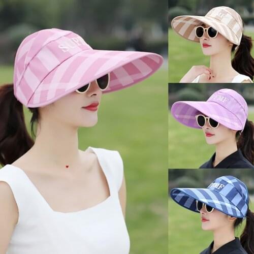 Wide Brim Beach Hat 1pc Women Sun Hats For Summer Stripe Packable UV Protection Windproof Female Sun Visor Hat With Big Heads