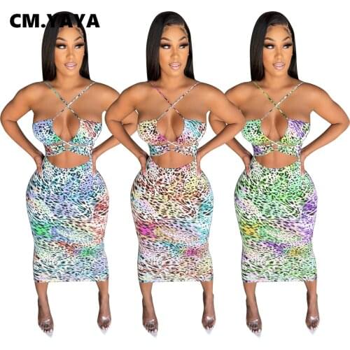 CM.YAYA Women Leopard Print Halter Neck Sleeveless Cut Out Bodycon Midi Dress for Sexy Night Party Dreses