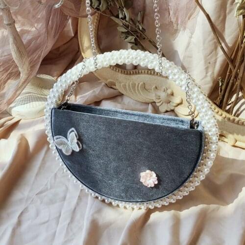 Retro Small Velvet Handbag Luxury Design Womens Wedding Clutch Purse Pearl Portable Cheongsam Round Blue Shoulder Bag ZD1933