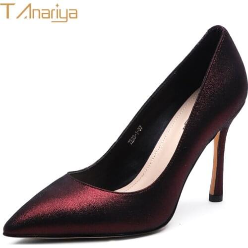 Tanariya New spring/autumn 20 wine red leather sheepskin shoes with pointed tips ladies high heels women shoes woman pumps