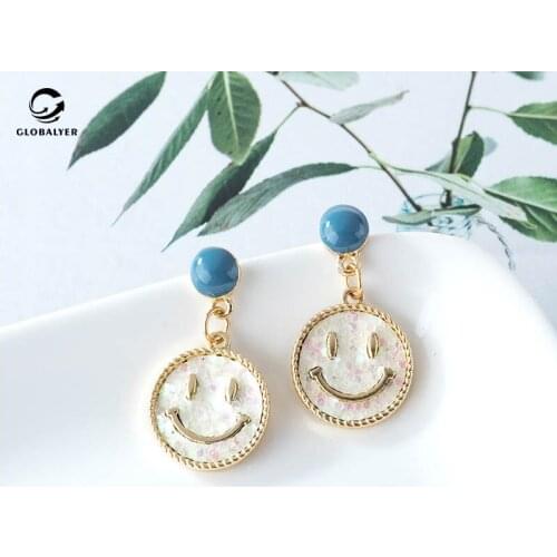 Tibetan Silver needle Net red Sweet girl sequin smile face earrings Female temperament wild small lucky color earrings 192