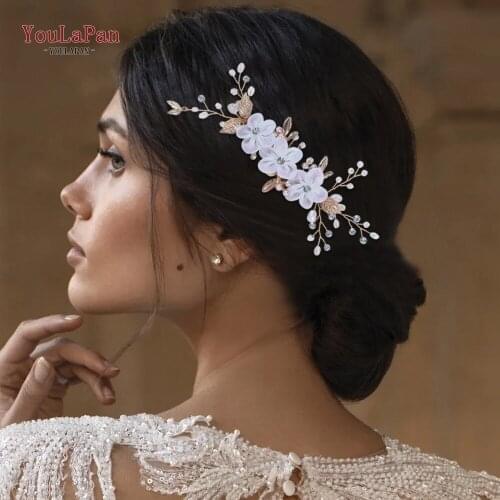 TOPQUEEN HP76 Organza Flower Hair Comb Headpieces Crystal Hair Pins for Girls Bridesmaids Hair Comb Golden Wedding Hair Clips
