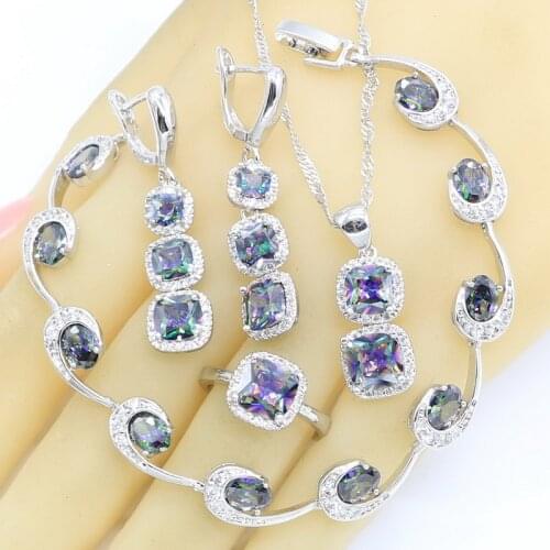 Silver Color Jewelry Sets For Women Rainbow Multicolor Zircon Bracelet Necklace Pendant Earrings Ring Gift Box