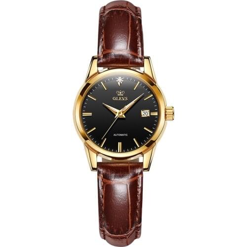 OLEVS Automatic Womens Watch Fashion Simple Deep Waterproof Leather Strap Womens Mechanical Watch