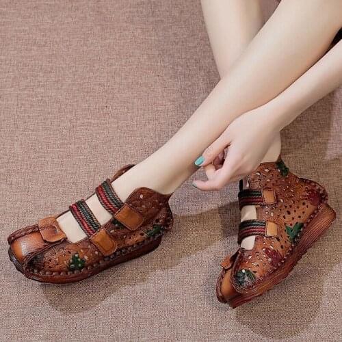 Retro Women Sandals Hand-painted Hollow Genuine Leather Women Shoes 2021 New Summer Hook & Loop Sewing Casual Ladies Sandals