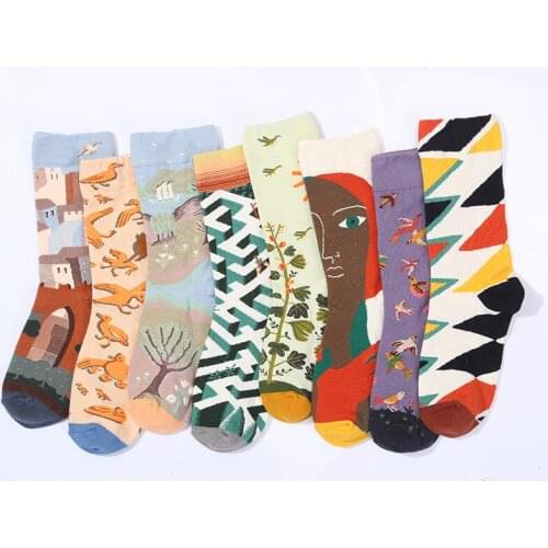 Woman socks French art oil painting cute and interesting animal and plant portraits fashion personality all-match sports socks