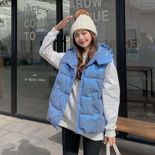 Womens Autumn Winter Fashion Casual Plus Size Shiny Down Cotton Vest Hooded Loose Thick Sleeveless Short Waistcoat