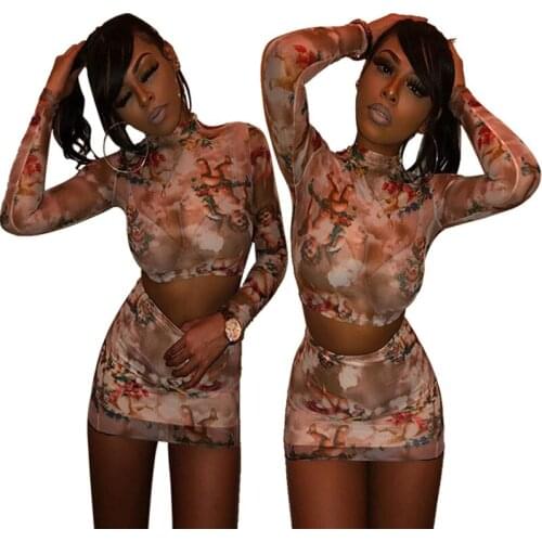 Sexy Mesh See Through 2 Pieces Set Women Hollow out Long Sleeve T-shirt Crop Top Short Skirt Angel print Skirt set Streetwear
