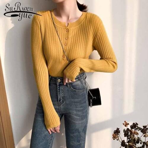 2021 Autumn Winter Sweater Women Pullovers O-Neck Knitted Sweater Elegant Casual Lady Jumpers Buttons Chic Bottoming 10973