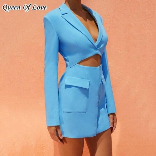2021 New Autumn Fashion Streetwear Long Sleeve Blazer Dress Women High Waist Hollow Cut Out Party Dresses With Pocket Outfits
