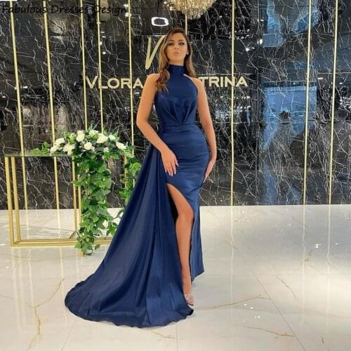 2021 Navy Blue Mermaid Prom Dress Long Formal High Collar Dresses Woman Party Night Chic Evening Gowns Robe de soiree longue