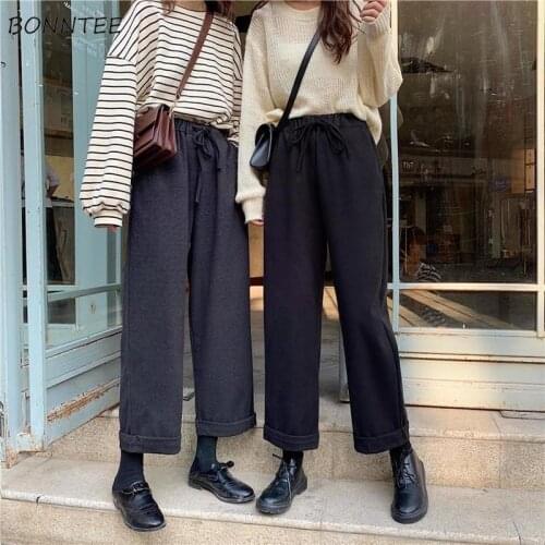 Casual Pants Women Oversized Trousers Baggy Warm Thickening Daily Korean Style Ankle-Length Female Elastic Waist Solid Straight